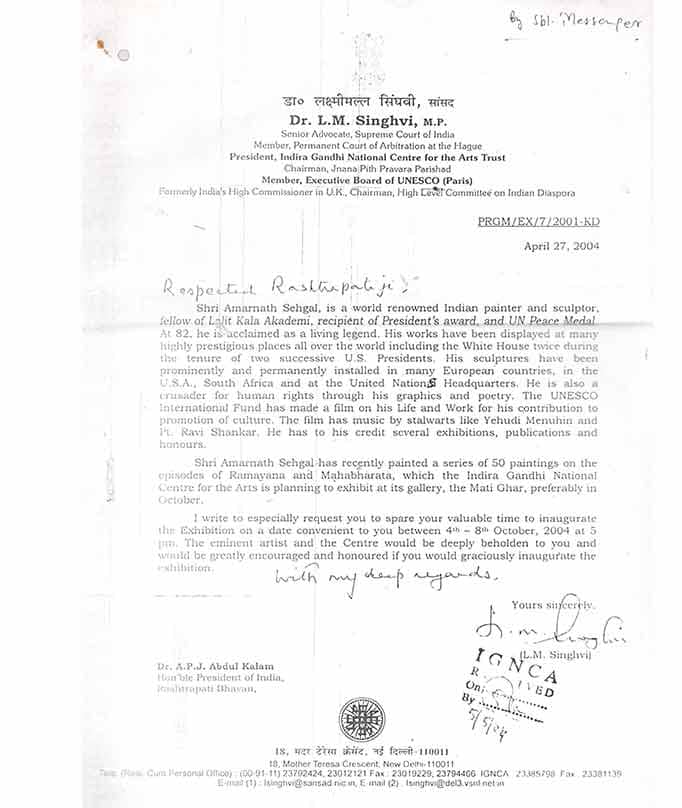 Dr. L.M. Singhvi to President A.P.J. Abdul Kalam, 27th April 2004
