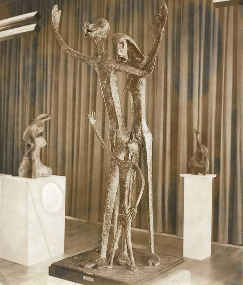 Cries Unheard, Bronze, 1958 “The powerful sculpture Tyranny was to be a phase in the next significant piece Cries Unheard (1958). The abstraction here is in flat rhythmical planes. The previous elongated forms are retained. The spatial relations of the three forms are intimate and give the feeling of a chorus against the empty background.Monumental in its structure, the building up of the forms is almost architectonic. The clarity of the whole is enhanced by the economy of materials, by the near complete disintegration of mass, the spiritual distortion and the brilliant use of the hollows to bring out the force of the upraised arms” - Mulk Raj Anand, Amar Nath Sehgal, Marg Publications, 1964